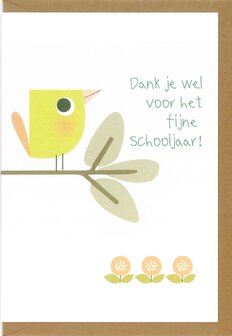 Wenskaart Fini dank je wel voor het fijne schooljaar (vogel)